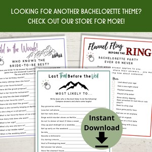 Peut inclure: Trois cartes de jeu imprimables pour enterrement de vie de jeune fille sur le th&egrave;me de la for&ecirc;t, du camping et du flanelle. Les cartes pr&eacute;sentent le texte "Wild in the Woods!" "Last Trail Before the Veil" et "Flannel Fling Before the Ring".