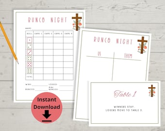 May include: Printable Bunco game scorecard with a cross and floral design. The scorecard includes spaces for player name, roll, game 1-4, total, wins, losses, mini buncos, and buncos. The printable also includes a table number card with the text "Table 1" and the text "Winners stay. Losers move to table 3."