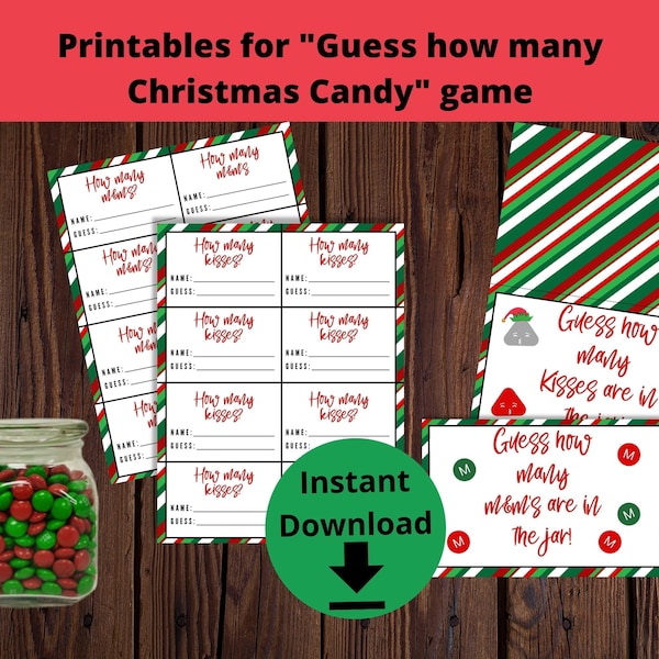 Guess How Many Kisses in the Jar Christmas Game - How much candy Printable set