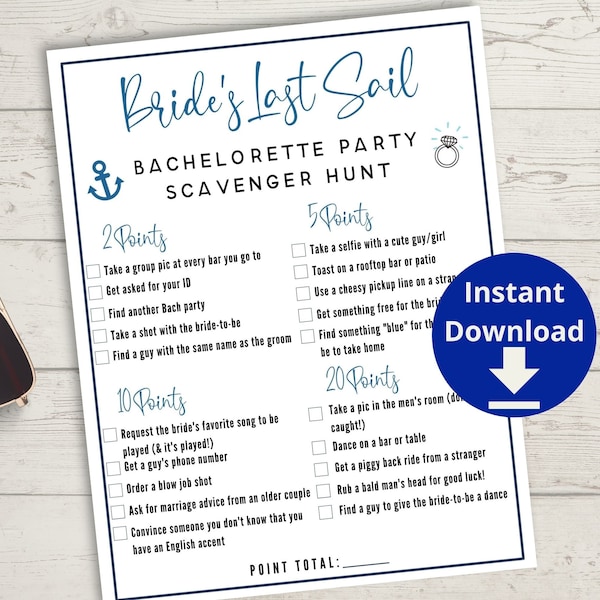 Nautical Bachelorette Party Scavenger Hunt Game - Last Sail Before the Veil Bach Party Game, Hen Party Bride's Last Sail Game