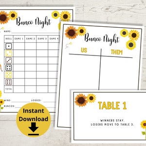 Sunflower Bunco - Imprimíveis de Bunco de verão, jogo Bunco, números de mesa Bunco, cartões de pontuação Bunco de julho, folhas de pontuação Bunco