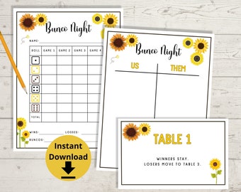 Sunflower Bunco - Summer Bunco Printables, Bunco Game, Bunco Table Numbers, July Bunco Score Cards, Bunco Score Sheets