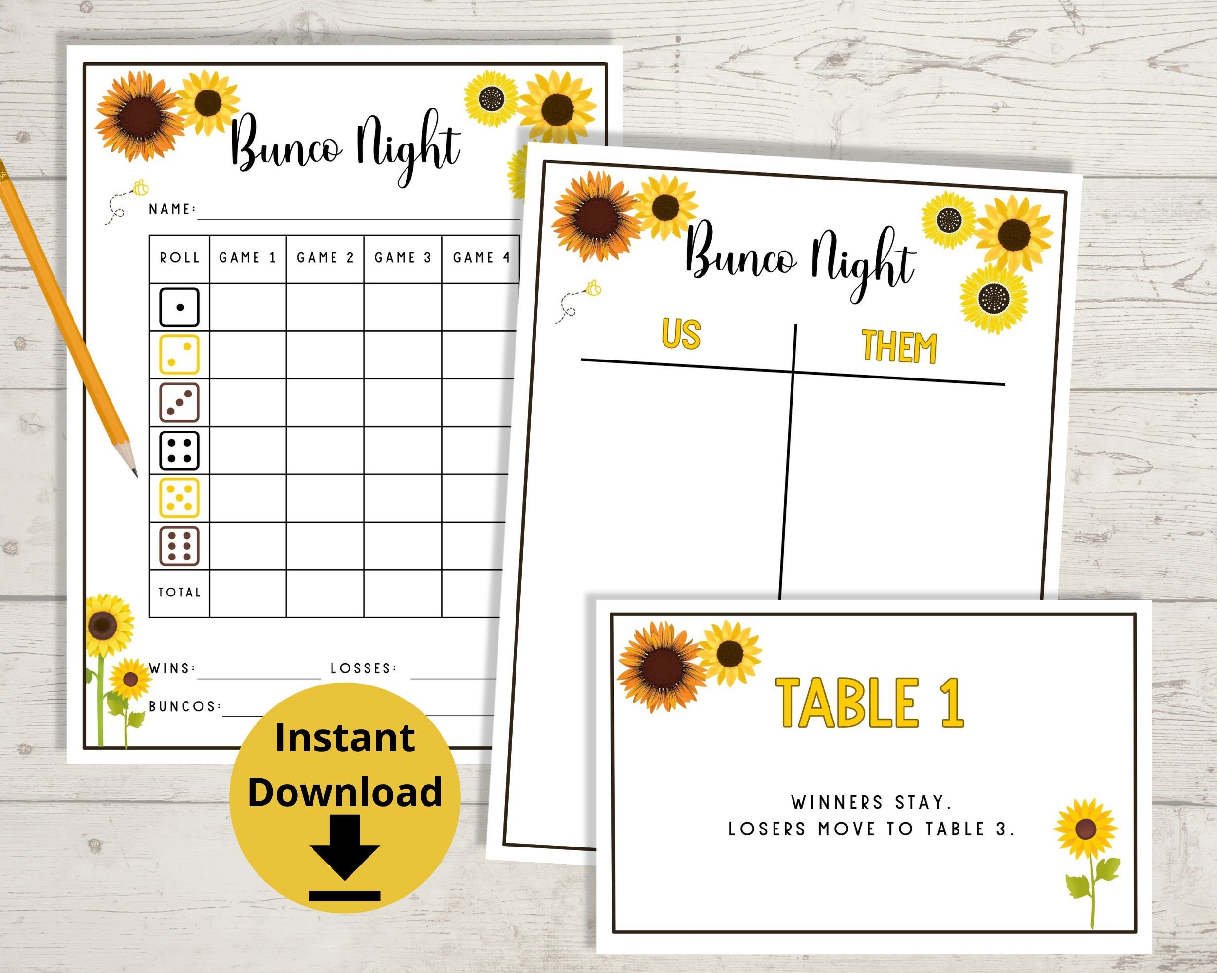 Sunflower Bunco - Summer Bunco Printables, Bunco Game, Bunco Table Numbers, July Bunco Score Cards, Bunco Score Sheets