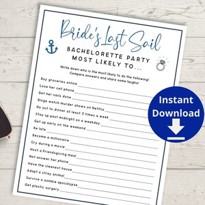 Nautical Bachelorette Party Most Likely To Game - Last Sail Before the Veil Bach Party Game, Hen Party Bride&#39;s Last Sail Game