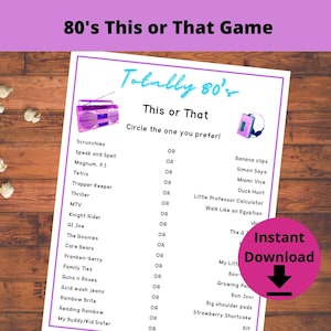 80&#39;s Party Games - This or That Game, 80s Themed Game, 50th or 40th Birthday Party Printable Game