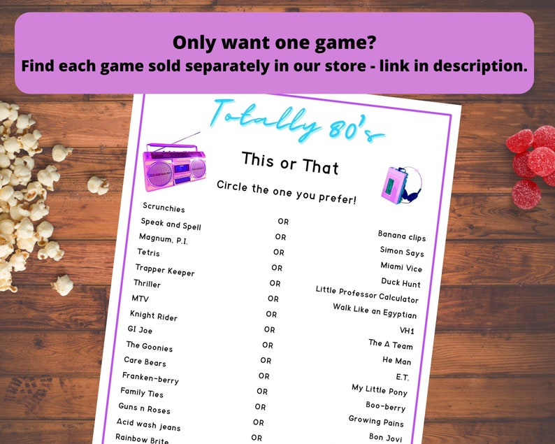 Puede incluir: Un juego imprimible rosa y blanco "This or That" con una lista de art&iacute;culos con tem&aacute;tica de los 80. El juego se titula "Totally 80's" y presenta un gr&aacute;fico de boombox retro. El juego pide a los jugadores que elijan entre dos opciones, como "Scrunchies" o "Clips de pl&aacute;tano".