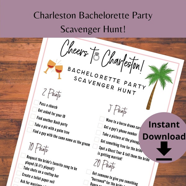 Charleston Bachelorette Party Scavenger Hunt Game - Printable Cheers to Charleston Bach Game