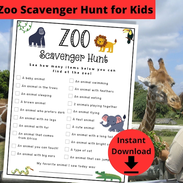 Zoo Scavenger Hunt - Zoo Treasure Hunt, Zoo Games, Zoo Hunt for Kids, Find the Animals, Kids Scavenger Hunt