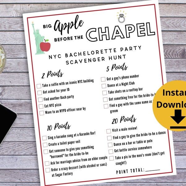 New York City Bachelorette Party Scavenger Hunt Game - Big Apple Before the Chapel Printable Game, Bach Party or Hen Party Games