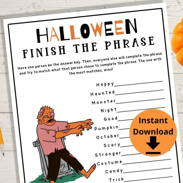 Halloween Finish the Phrase Word Game - Kids Halloween Party Game, Classroom Games, Halloween Printables