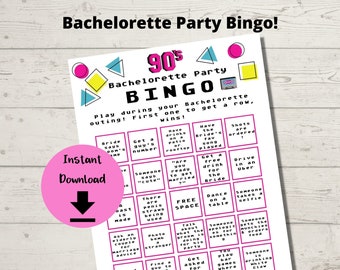 Könnte beinhalten: Eine rosa und weiße druckbare Bingokarte mit einem 90er-Jahre-Thema. Die Karte hat einen Titel, der "Bachelorette Party Bingo!" lautet und Kästchen mit Sätzen wie "Braut sagt 'Ja'" und "Jemand sagt 'süß'" enthält.