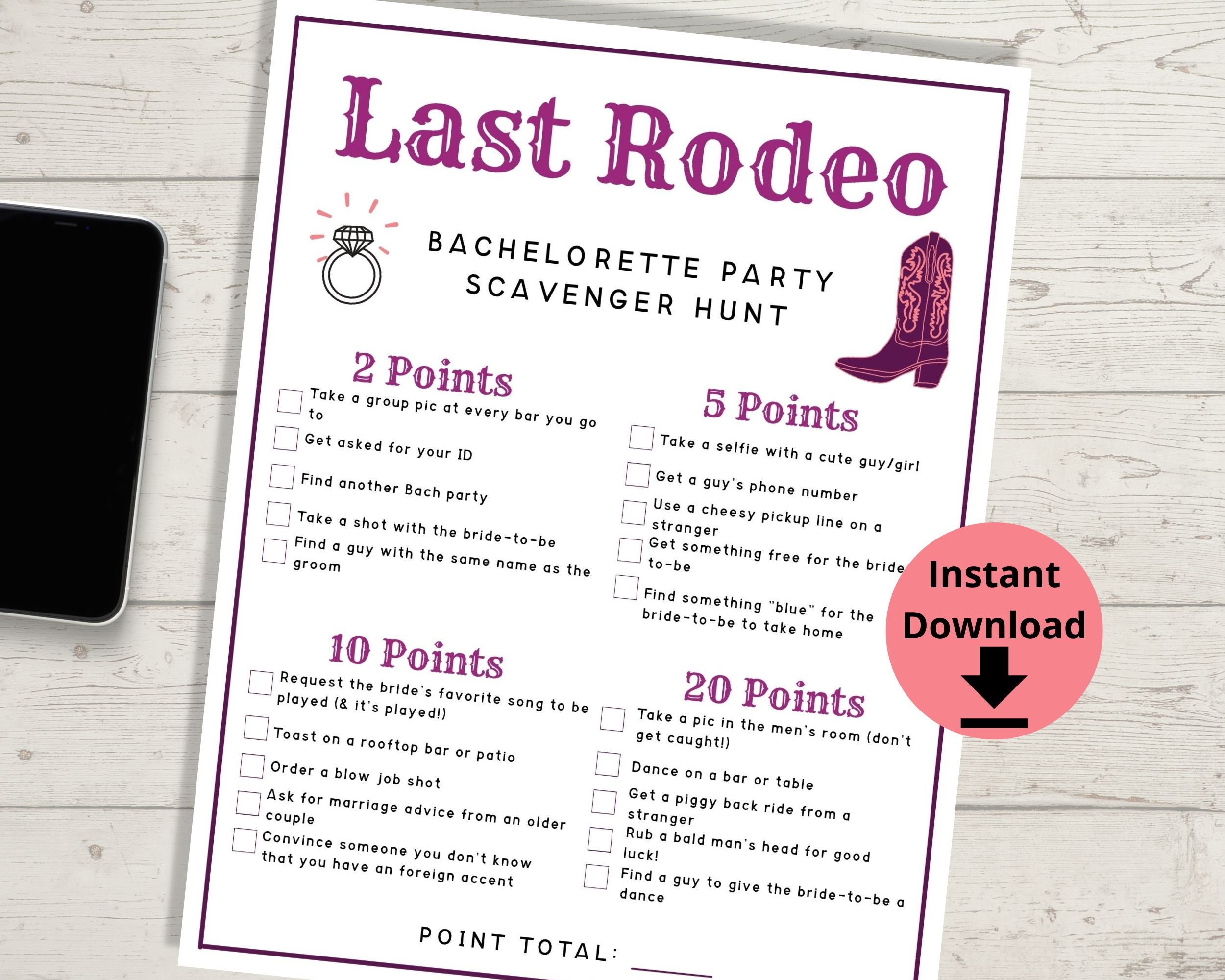 Last Rodeo Bachelorette Party Scavenger Hunt Game - Printable Cowgirl Games, Western Bach Party