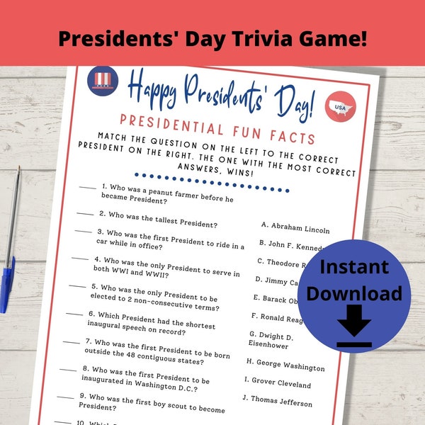Presidents' Day Trivia Game - Presidents' Day Fun Facts Game, US Presidents Quiz game