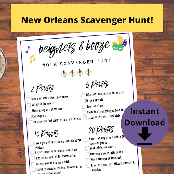 NOLA Scavenger Hunt Game - Bourbon Street Bar Crawl, New Orleans Birthday Game, Mardis Gras Game