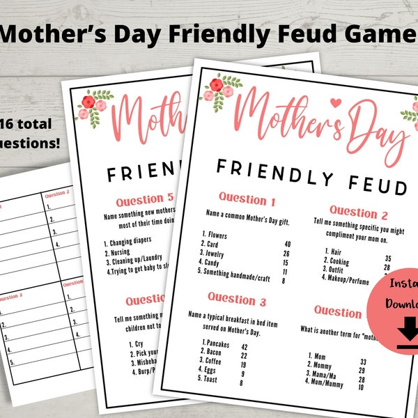 Mothers Day Friendly Feud - Mother's Day Game, Fun Questions for Mom, Trivia Game, Mothers Day Last Minute Activity