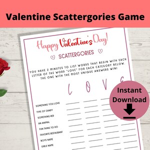Valentine's Day Scattergories Game - Valentine's Day Children's Activity, Kids' Word Game