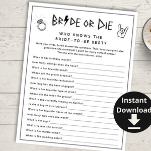 Puede incluir: Un juego de ducha nupcial imprimible con el título "Bride or Die" y una lista de preguntas sobre la novia. El juego incluye un tema de rock and roll con un rayo y un símbolo de mano de rock.