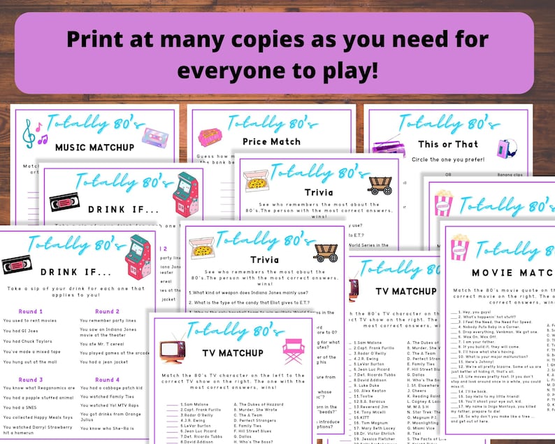 Puede incluir: Un conjunto de tarjetas de juego imprimibles con un tema de los a&ntilde;os 80 en rosa y azul. Las tarjetas presentan diferentes t&iacute;tulos de juegos como "Totally 80's Music Matchup", "Totally 80's Drink If...", "Totally 80's Price Match", "Totally 80's Trivia", "Totally 80's This or That", "Totally 80's TV Matchup" y "Totally 80's Movie Matchup".