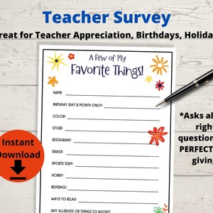 Teacher Survey - Teacher&#39;s Favorite Things Questionnaire, Teacher Appreciation Week, Meet the Teacher, Appreciation Survey