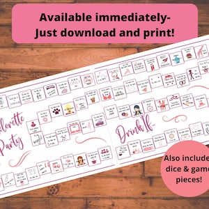 K&ouml;nnte beinhalten: Ein druckbares Bachelorette-Party-Spielbrett mit rosa und wei&szlig;en Akzenten. Das Brett zeigt den Text "Bachelorette Party" und "Drink If..." mit verschiedenen Anleitungen zum Trinken. Das Spiel beinhaltet W&uuml;rfel und Spielsteine.