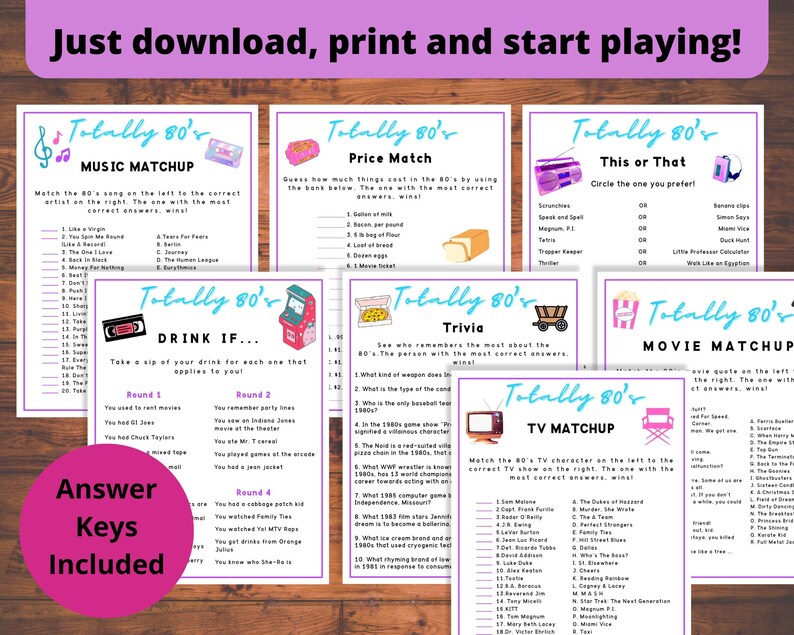 Puede incluir: Un conjunto de tarjetas de juego de fiesta de los a&ntilde;os 80 imprimibles. Las tarjetas presentan una variedad de juegos, que incluyen Music Matchup, Price Match, This or That, Drink If, Trivia, Movie Matchup y TV Matchup. Las tarjetas son de color rosa y morado con un dise&ntilde;o retro de los a&ntilde;os 80.