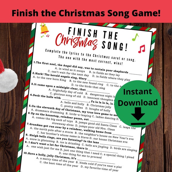 Christmas Carol Game - Finish the Christmas Song Lyric Game, Christmas Song Game Printable