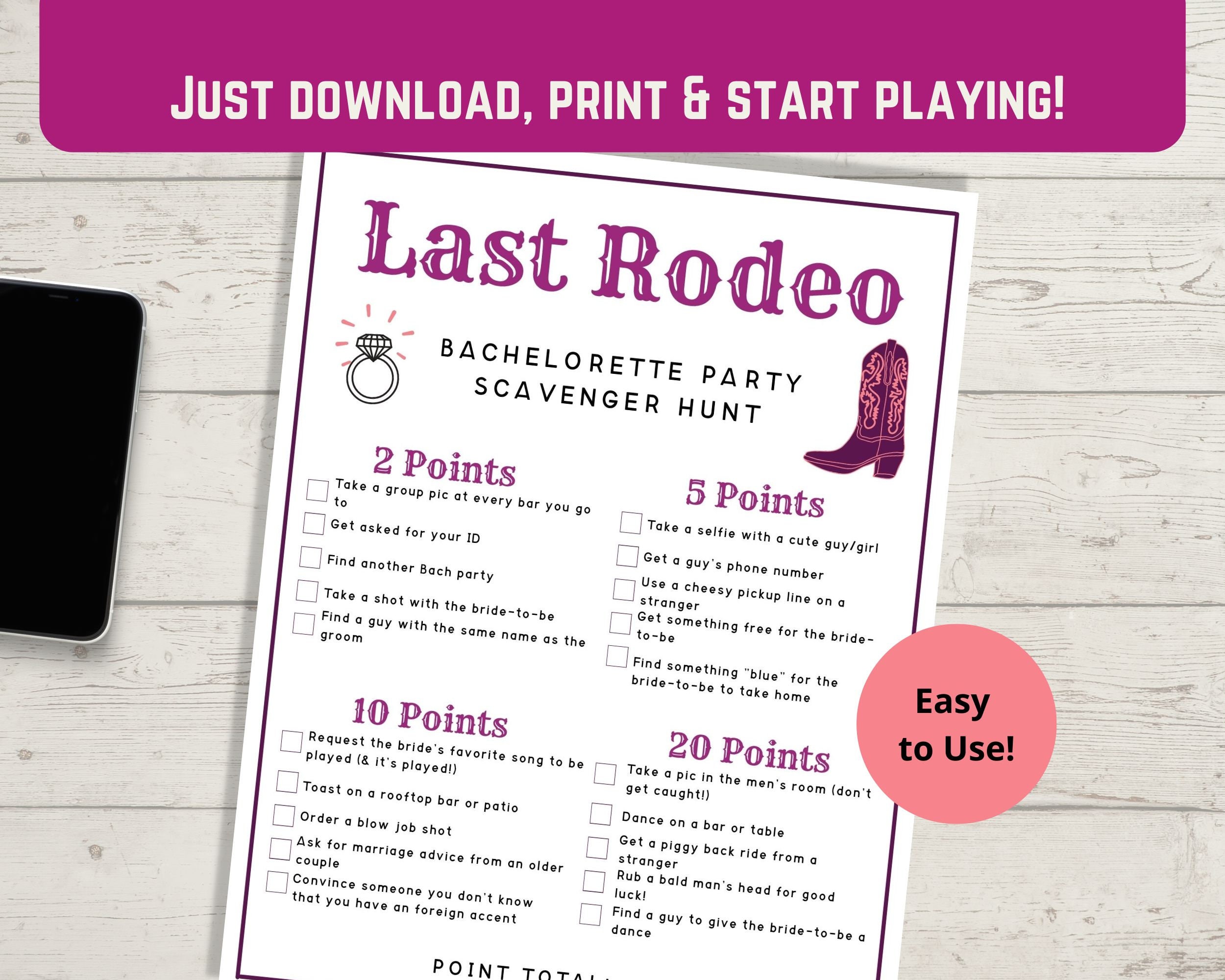 Last Rodeo Bachelorette Party Scavenger Hunt Game - Printable Cowgirl ...