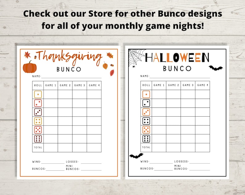 Op de afbeelding: Twee printbare Bunco-scorekaarten, een met een Thanksgiving-thema en de andere met een Halloween-thema. Beide scorekaarten hebben een sectie voor dobbelstenen, een sectie voor de score van het spel en een sectie voor winst, verlies en mini-buncos.