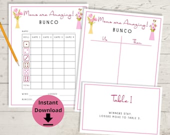 May include: Printable game cards for a "Moms are Amazing!" Bunco game. The cards feature a pink and white floral design with the title "Moms are Amazing!" and "Bunco". The cards include a scorecard, a table assignment card, and instructions for the game.