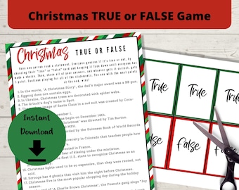May include: A printable Christmas True or False game with a green and red striped background. The game includes 5 statements about Christmas traditions and trivia. The statements are printed in black text on a white background. The game also includes a set of printable cards with the words "True" and "False" printed on them.