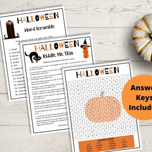 May include: Three printable Halloween game cards with a word scramble, a riddle, and a word search. The cards feature a black cat, a vampire, and a pumpkin. The text on the cards reads "Halloween Word Scramble", "Halloween Riddle Me This", and "Halloween". The text "Answer Keys Included" is also visible.