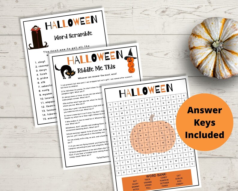 May include: Three printable Halloween game cards with a word scramble, a riddle, and a word search. The cards feature a black cat, a vampire, and a pumpkin. The text on the cards reads "Halloween Word Scramble", "Halloween Riddle Me This", and "Halloween". The text "Answer Keys Included" is also visible.