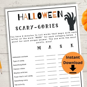Halloween Scary -gories Game - Think Fast Game, Kids Halloween Scattergories, Halloween Party Games, Halloween Printables, Think Fast Game