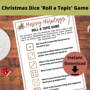 Gra w kości Holiday Roll a Topic - gra na przełamanie lodów, gra w kości Christmas, gra w konwersacje Christmas, gra przy stole