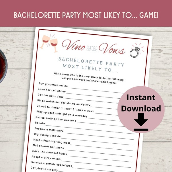 Vino Before Vows Bachelorette Party Most Likely To Game - Winery Theme Bach Party Printable Game, Hen Party game