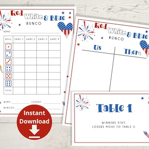 Bunco Bewertungsbögen - Patriotischer Bunco, Bunco Ausdrucke, Rot Weiß und Blau Bunco Spiel, Bunco Karten