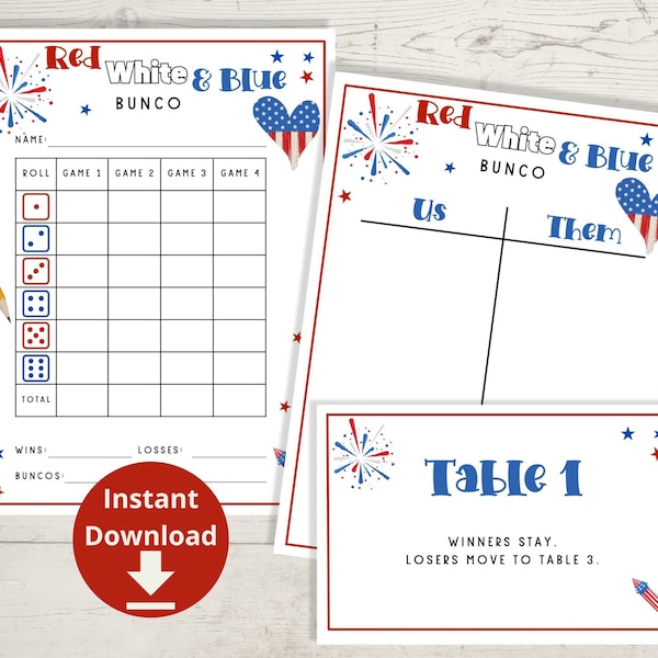 Bunco Score Sheets - Patriotic Bunco, Bunco Printables, Red White and Blue Bunco Game, Bunco Cards