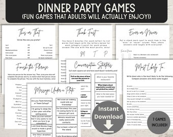 May include: A set of seven printable party games for adults. The games include "This or That", "Finish the Phrase", "Think Fast", "Conversation Starters", "Message Under a Plate", "Ever or Never", and "Most Likely To".