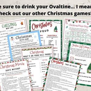 May include: A collection of printable Christmas games, including Mad Libs, trivia, a movie quote match, a mobile phone game, a music bingo game, and a gift exchange dice game. The games feature festive green and red colours with Christmas-themed illustrations.