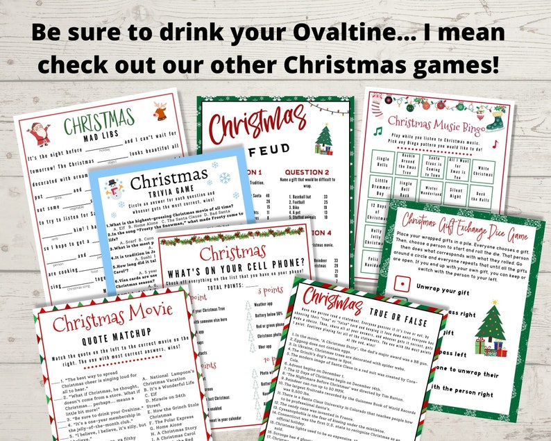 May include: A collection of printable Christmas games, including Mad Libs, trivia, a movie quote match, a mobile phone game, a music bingo game, and a gift exchange dice game. The games feature festive green and red colours with Christmas-themed illustrations.