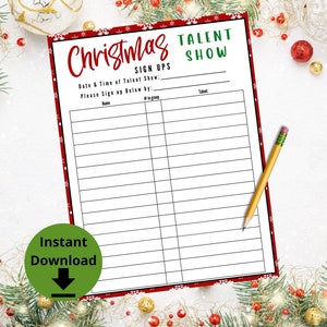 May include: A printable Christmas talent show sign-up sheet with a red and green snowflake pattern. The text reads "Christmas Talent Show Sign Ups Date & Time of Talent Show: Please Sign Up Below By:"