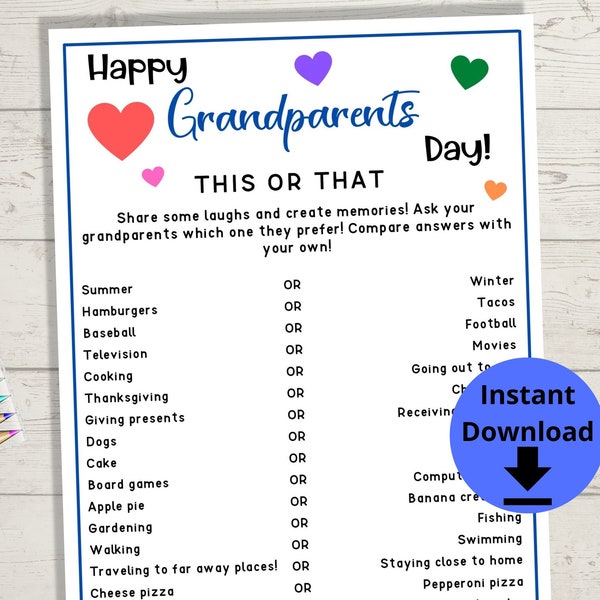 Grandparents Day Printables - Grandparents Day Game, This or That, Would You Rather Game