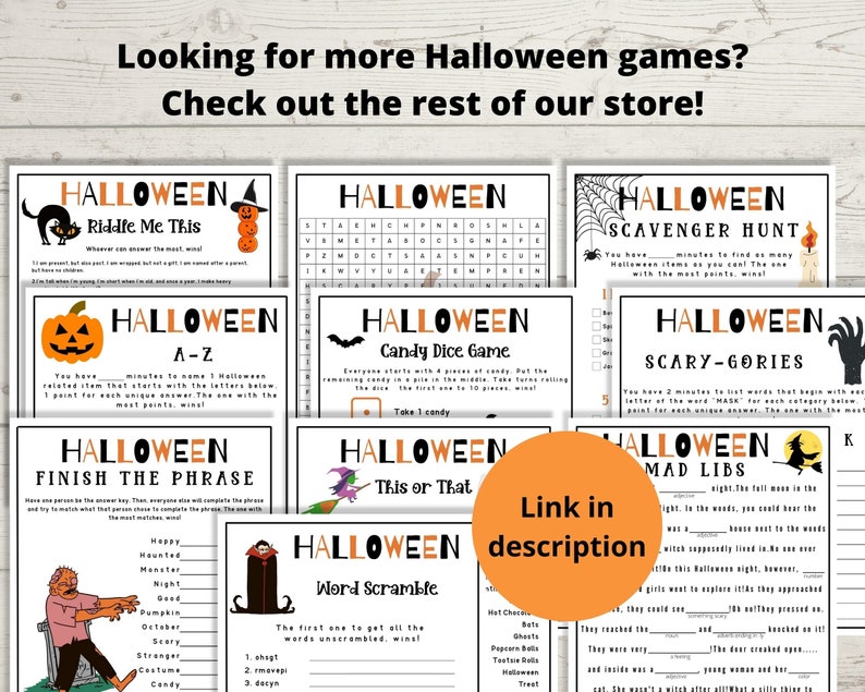Może przedstawiać: Zbi&oacute;r drukowalnych gier halloweenowych, w tym gra w chowanego, krzyż&oacute;wka, mad libs i gra &bdquo;to czy tamto&rdquo;. Gry są zaprojektowane w czarno-pomarańczowej kolorystyce i zawierają ilustracje o tematyce halloweenowej.