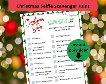Christmas Selfie Scavenger Hunt - Photo Scavenger Hunt, Christmas Party Game, Christmas Photo Game