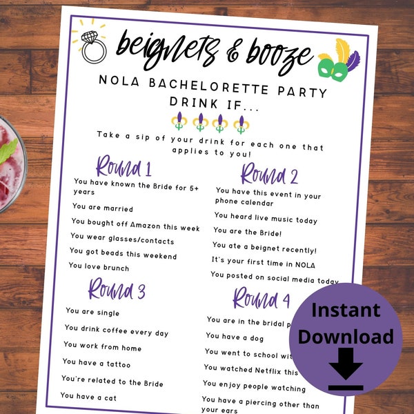 New Orleans Bachelorette Party Drink If Game - Beignets and Booze Drinking Game, Bachelorette Party Game Printable