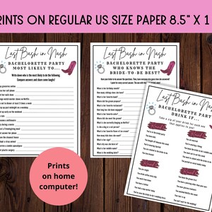 Puede incluir: Tres tarjetas de juego imprimibles para una despedida de soltera con un esquema de color rosa y blanco. Las tarjetas presentan un gr&aacute;fico de bota vaquera rosa y el texto "Last Bash in Nash". La primera tarjeta es un juego "Most Likely To", la segunda tarjeta es un juego "Who Knows the Bride-to-Be Best?" y la tercera tarjeta es un juego "Drink If...".
