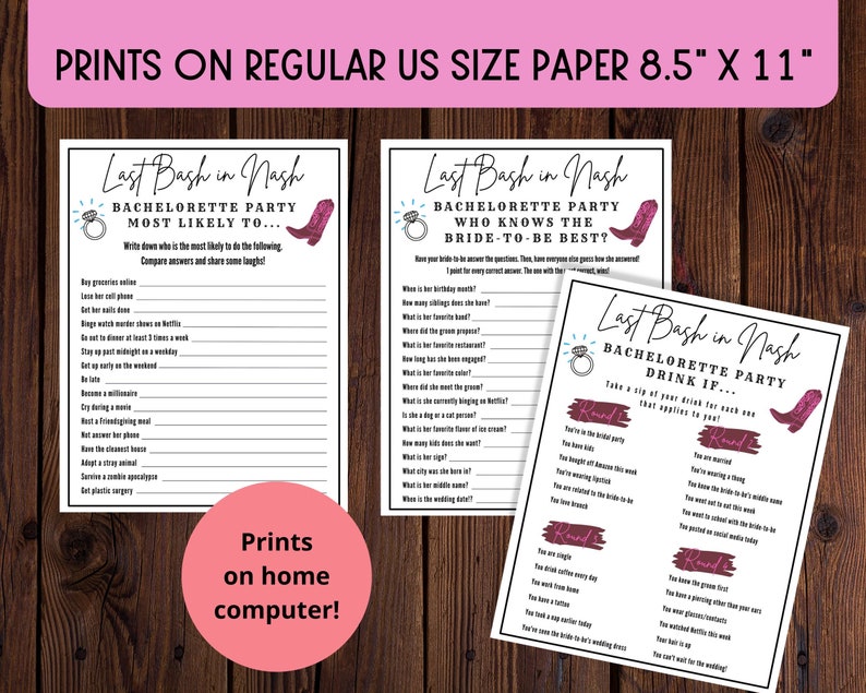 Puede incluir: Tres tarjetas de juego imprimibles para una despedida de soltera con un esquema de color rosa y blanco. Las tarjetas presentan un gr&aacute;fico de bota vaquera rosa y el texto "Last Bash in Nash". La primera tarjeta es un juego "Most Likely To", la segunda tarjeta es un juego "Who Knows the Bride-to-Be Best?" y la tercera tarjeta es un juego "Drink If...".