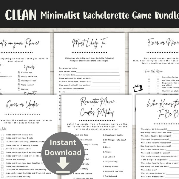 Clean Bachelorette Party Games - Clean Hen Party Games, Bachelorette Game Bundle, Minimalist Bachelorette Games