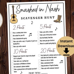 Nasvhville Schnitzeljagd Spiel - Smashed in Nash Party Game, Nashville Birthday Game, Printable Games
