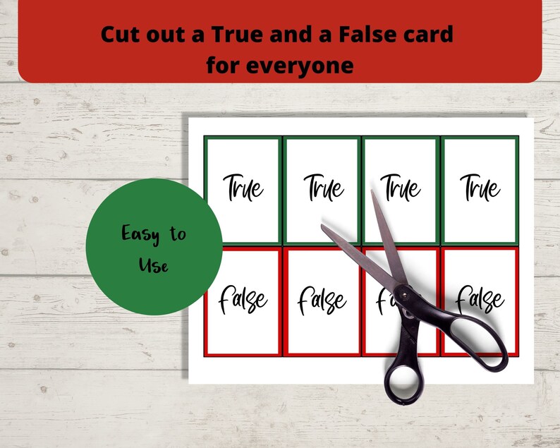May include: A printable sheet of True and False cards, ready to be cut out. The sheet is white with green and red borders around each card. The words "True" and "False" are printed in black on each card.